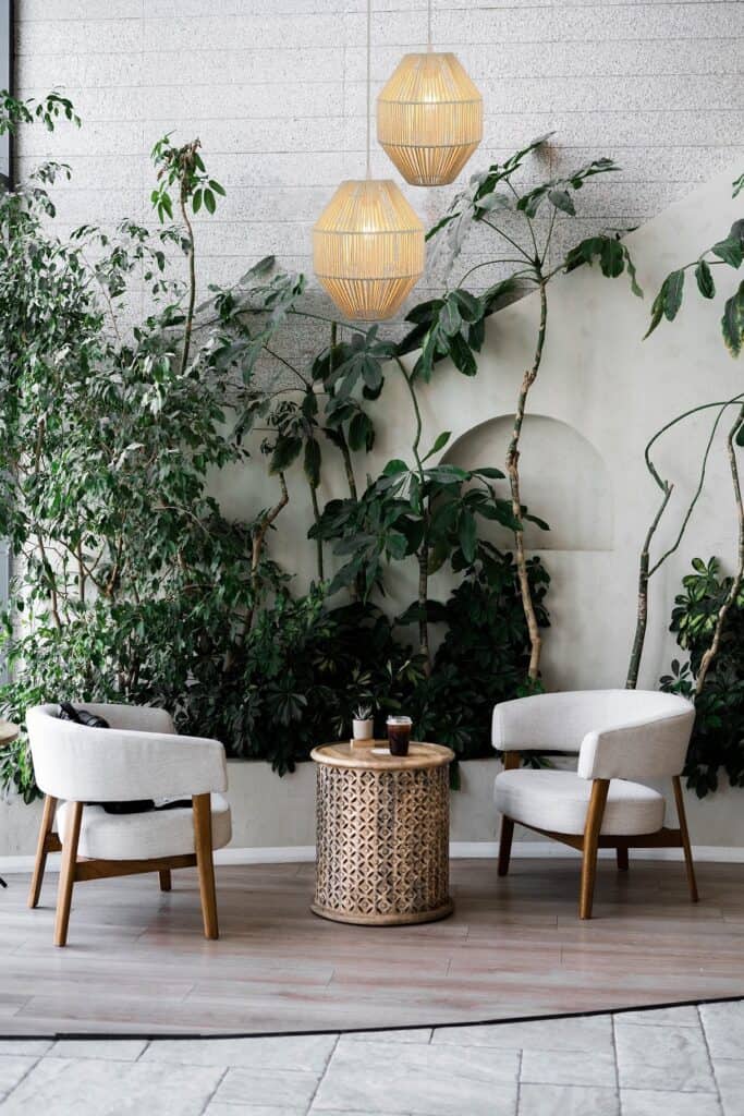 1. Sofás y plantas en espacio interior con iluminación cálida y decoración moderna.