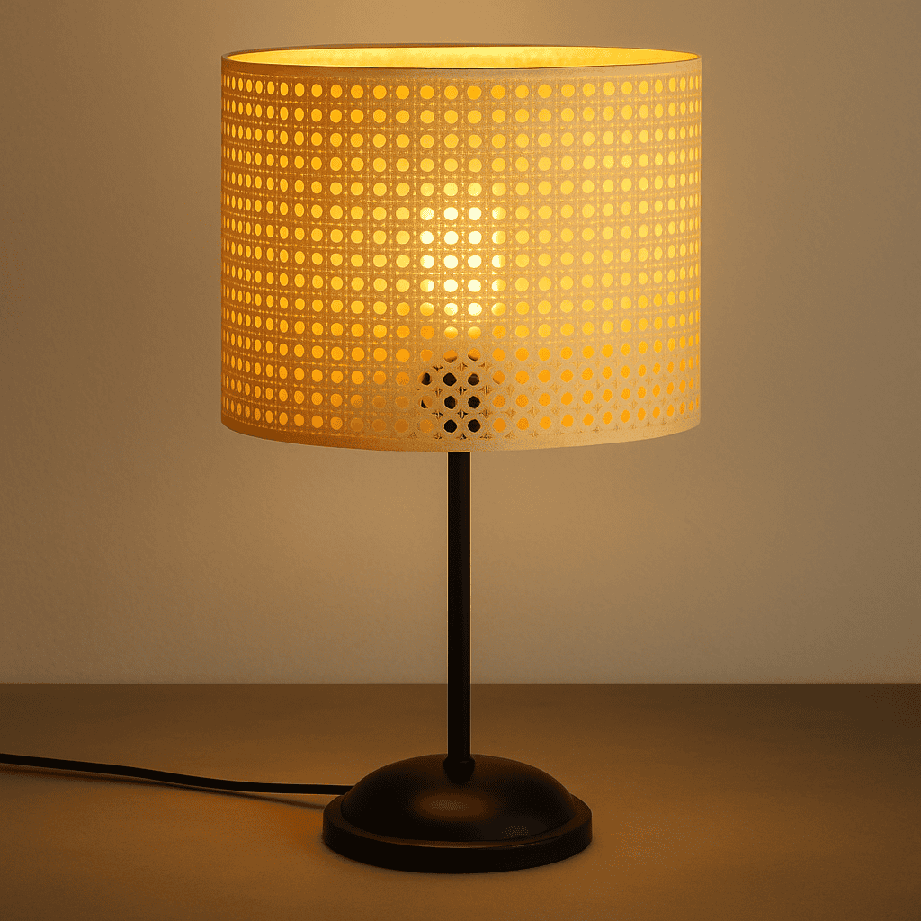 Lámpara de mesa moderna con pantalla perforada en dorado para decoración interior elegante.